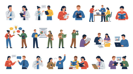 Fototapeta premium Flat Vector People Characters Collection: Diverse Professionals in Business, Education, Healthcare Research