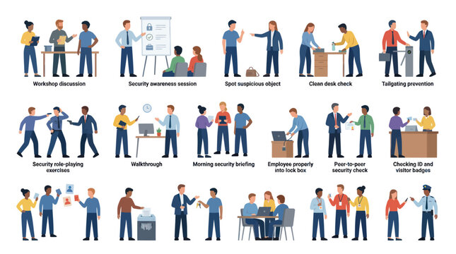 Flat Style Security and Safety Icons: Workplace Vigilance and Procedures