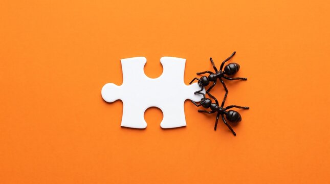 Two ants pushing a puzzle piece on an orange background