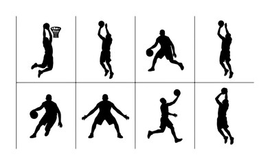 Basketball Player Silhouettes, Dynamic Action Poses, Sports Graphics, Athlete Movements, Dunking, Shooting, Dribbling, Vector Set © Raiyan