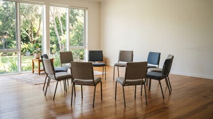 Fototapeta premium Empty chairs arranged in a circle in a bright room with large windows overlooking a garden