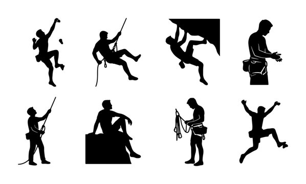 Silhouette Climbing Icons Set, Rock Climbing Vector Graphics, Extreme Sports Adventure Silhouettes, Mountaineering Activity Illustrations