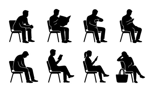 Diverse Silhouettes of People Sitting, Waiting, and Reading, Vector Icons Set for Lifestyle and Business Concepts