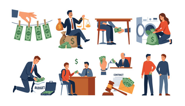 PrintFinancial crime and corruption flat vector concept illustration showing money laundering bribery fraud embezzlement tax evasion and illegal budget theft