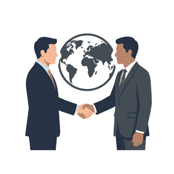 Business handshake in front of world globe illustration - Global partnership and international business agreement concept