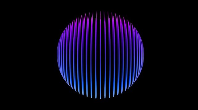 Glowing purple and blue sphere with vertical bars on black background with against solid black hues set against composed vertical technology