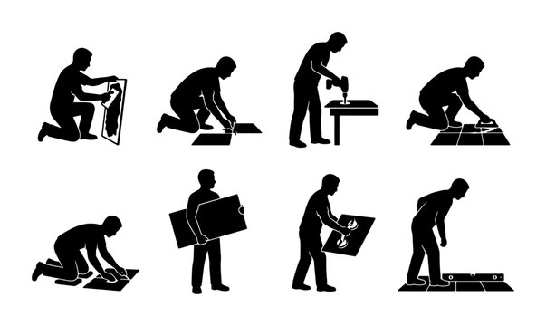 Home Renovation Icons: DIY Tiling and Flooring Installation Steps, Vector Set for Construction and Repair Projects