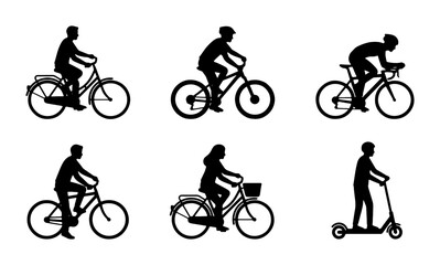 Obraz premium Diverse Bicycle and Scooter Silhouettes, 6 Vector Icons Set: Cyclists, Commuters, and Electric Scooter Riders for Transportation and Sport Graphics