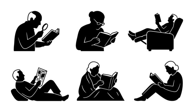 Diverse Reading Silhouettes Collection, Six Figures Engaged in Literary Activities, Casual and Focused Reading Poses, Vector Icons for Education and Leisure
