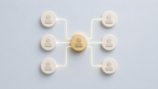 Clean white organizational chart with user icons connected to a central golden hub representing corporate management structure and team networking