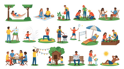 Fototapeta premium Flat Style Illustration of People Enjoying Summer Outdoor Activities