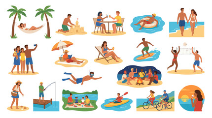 Fototapeta premium Flat Style Vector Illustrations of Diverse People Enjoying Summer Beach Activities