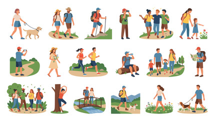 Fototapeta premium Flat Vector Illustration of People Hiking, Walking Dogs, and Enjoying Nature