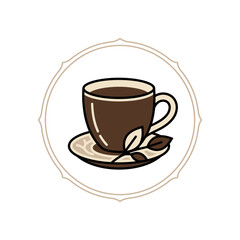 A warm cup of coffee or tea in a brown mug with a decorative saucer and a mint leaf garnish, vector illustration © Hesti