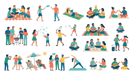 Fototapeta premium People Enjoying Leisure Activities Flat Vector Illustration Set: Friends, Family Social Lifestyle Moments