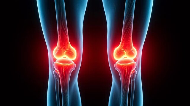Glowing red knee joint on dark background