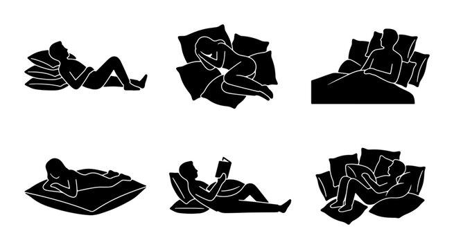 Diverse Sleeping Positions, Relaxation Poses, Comfort Silhouettes, Vector Icons Set for Sleep & Rest Concepts