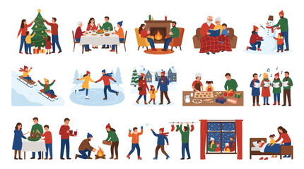 Fototapeta premium Flat Christmas Holiday Family Activities and Winter Scene Vector Illustrations