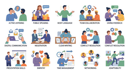Fototapeta premium Professional Development Soft Skills Concepts Flat Vector Illustration Set for Business Education