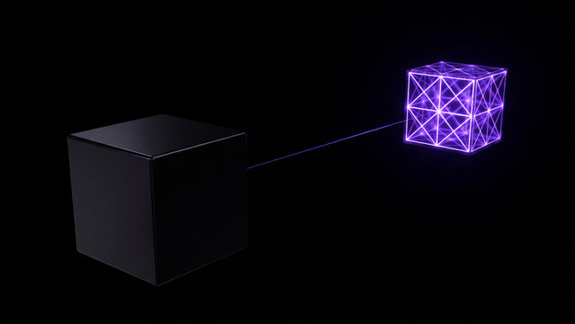暗黒空間で紫色の光が遠方のキュービットへ瞬間移動した量子テレポーテーションのCG画像