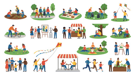Fototapeta premium People Engaging in Diverse Outdoor Lifestyle, Recreation, and Community Activities. Flat Vector Illustration Collection.
