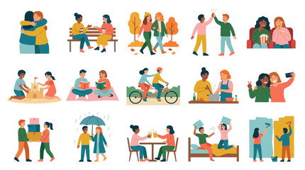 Fototapeta premium Flat Style Illustration of Diverse People Enjoying Friendship and Activities