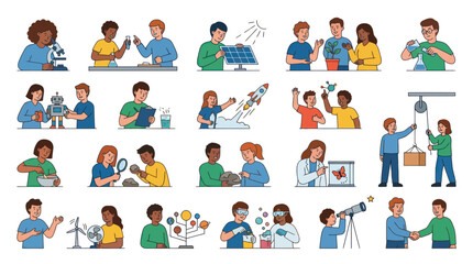 Fototapeta premium Diverse kids in science exploring technology and nature, flat vector art