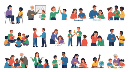 Fototapeta premium Diverse people learning and teaching, flat illustration for education and community