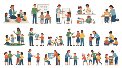 Fototapeta premium Childhood Education Learning Flat Vector Illustration Set: Teachers and Kids in Various School Activities