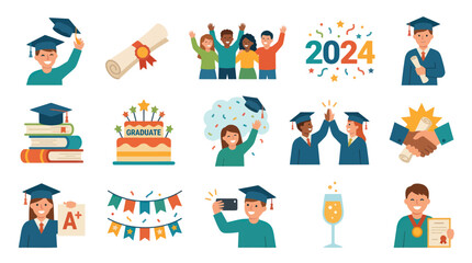 Fototapeta premium Flat Illustration Set: Graduation Caps, Books, Cake, Diploma Celebrations 2024