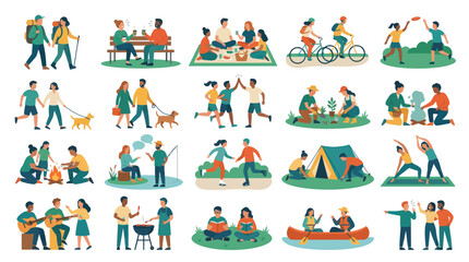 Fototapeta premium Diverse People Engaging in Outdoor Recreation and Healthy Lifestyle Flat Vector Illustration Set
