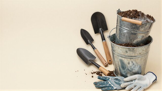 Garden tools and gloves in buckets, soil with misty vapor rising.