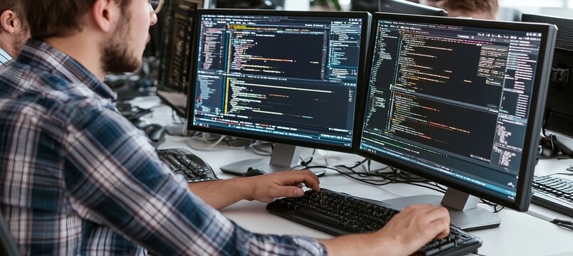 Professional software developer coding on a laptop in a modern office environment during work hours