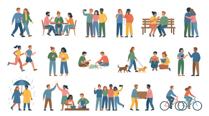 Fototapeta premium Flat Design Vector Illustration Set of Diverse People Engaging in Social Activities, Friendship, and Daily Life