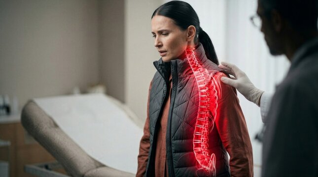 Doctor examining woman with back pain and highlighted spinal injury. Physician consulting patient in clinic with digital visualization of skeletal system. Medical healthcare diagnostic.