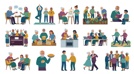 Fototapeta premium Seniors enjoying various hobbies and activities, Flat Illustration, Retirement Life