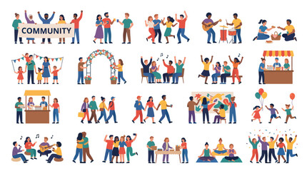 Fototapeta premium Community Activities and Social Interaction Flat Vector Illustrations Set