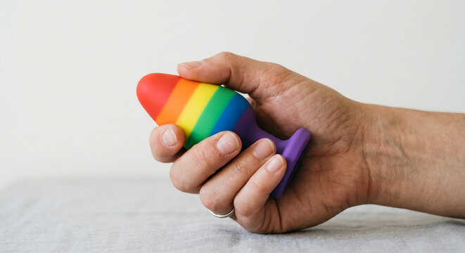 A male hand holds a rainbow-striped, silicone butt plug featuring a flared purple base against a minimalist, light gray background.