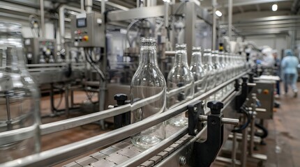 Fototapeta premium Empty glass bottles move along a conveyor belt in an industrial factory setting.