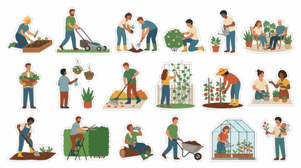 Fototapeta premium Gardening People Flat Illustration Set of Various Characters Tending Plants, Lawns Greenhouses