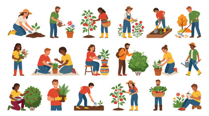 Fototapeta premium Flat Vector Gardening Illustrations: People Planting, Harvesting, and Tending Plants in Garden