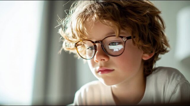 Portrait of a smart schoolboy with glasses looking at a computer screen while learning at home