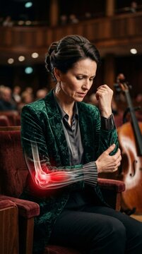 Woman cellist feeling elbow pain during music performance. Conceptual medical illustration of joint inflammation and injury in musician. Chronic physical ache and health problem concept.