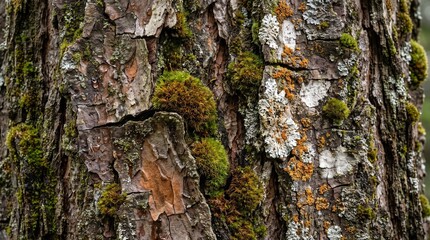 Fototapeta premium Detailed tree bark texture with green moss and lichen