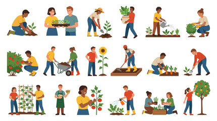 Fototapeta premium Flat Style Vector Illustrations of People Gardening, Farming, and Growing Plants