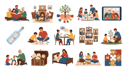 Fototapeta premium Flat Style Vector Icons of Family Life, Activities, and Memories
