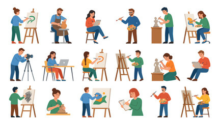 Fototapeta premium Artists and Creative People Characters Engaged in Various Art Activities - Flat Vector Illustration Set