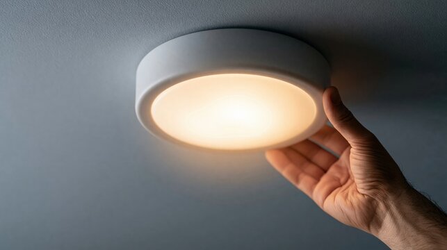 Modern white ceiling light fixture with diffused warm glow, hand adjusting illumination for interior design and home renovation