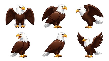 Fototapeta premium Six bald eagle birds collection set cute cartoon eagle vector illustrations isolated on white background