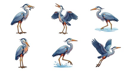Obraz premium Six great blue heron birds collection set cute cartoon heron illustrations isolated on white background